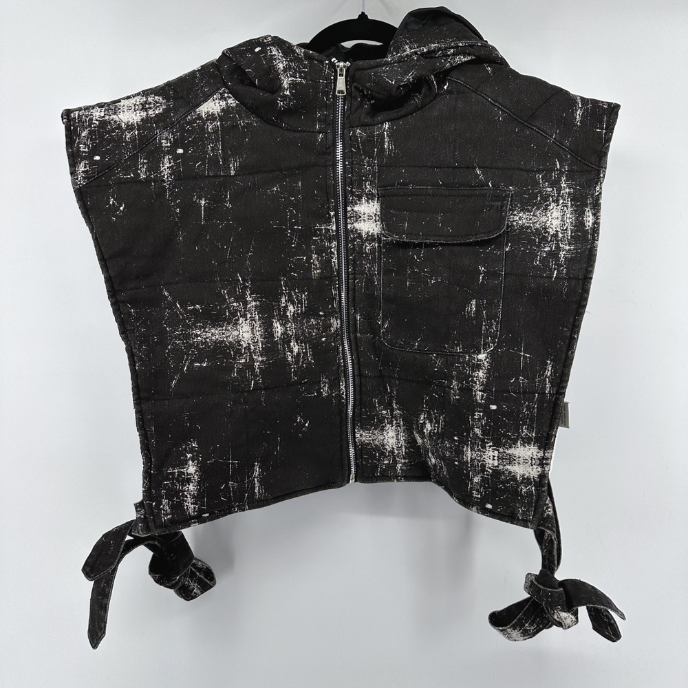 Impulsive Black White Acid Wash Hooded Denim Vest Zip Front Tie Sides Large